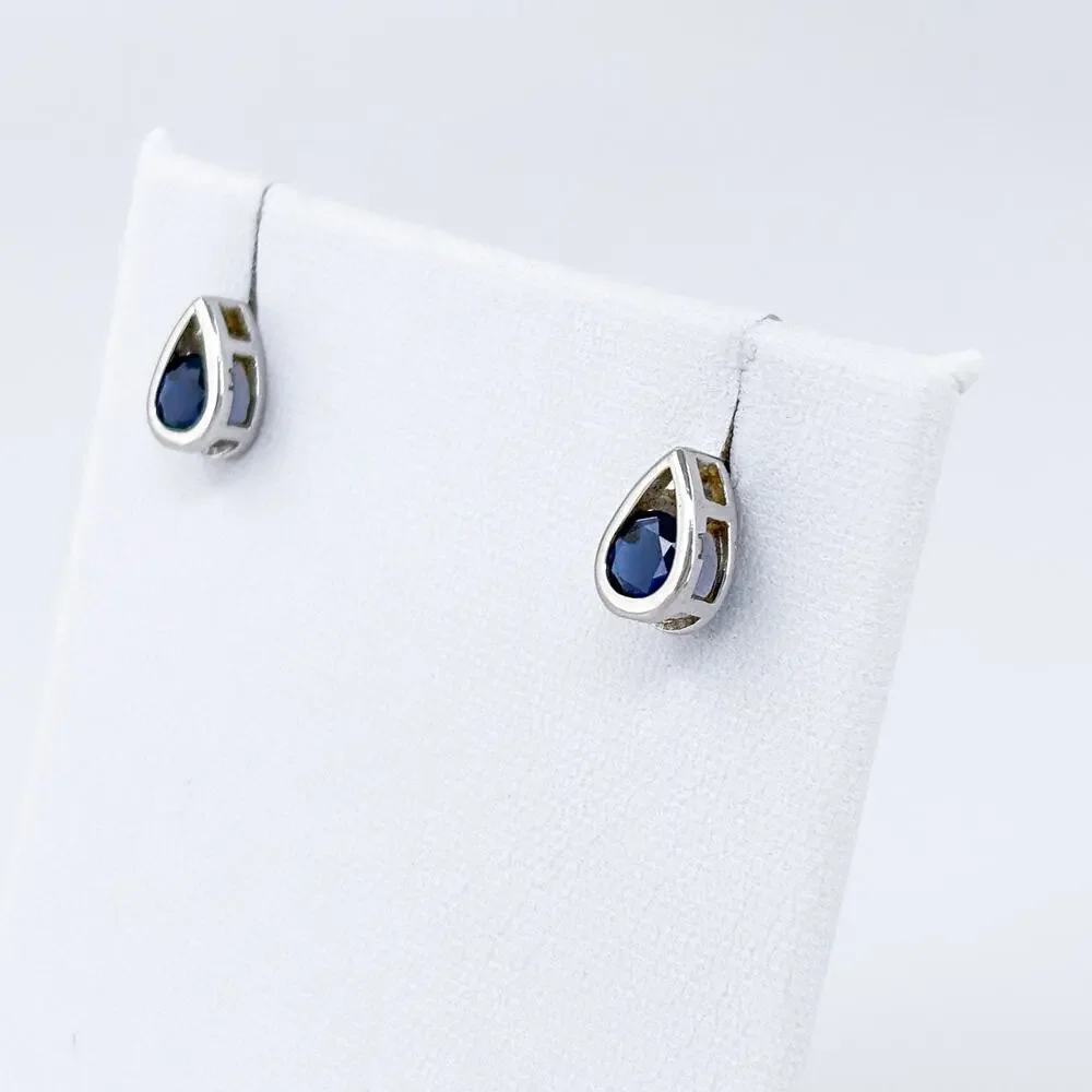 Blue Cubic Zirconia Teardrop Stud Earrings | Vintage Sterling Silver 925